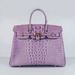 Hermes Birkin 35Cm Crocodile Head Stripe Handbags Purple Gold